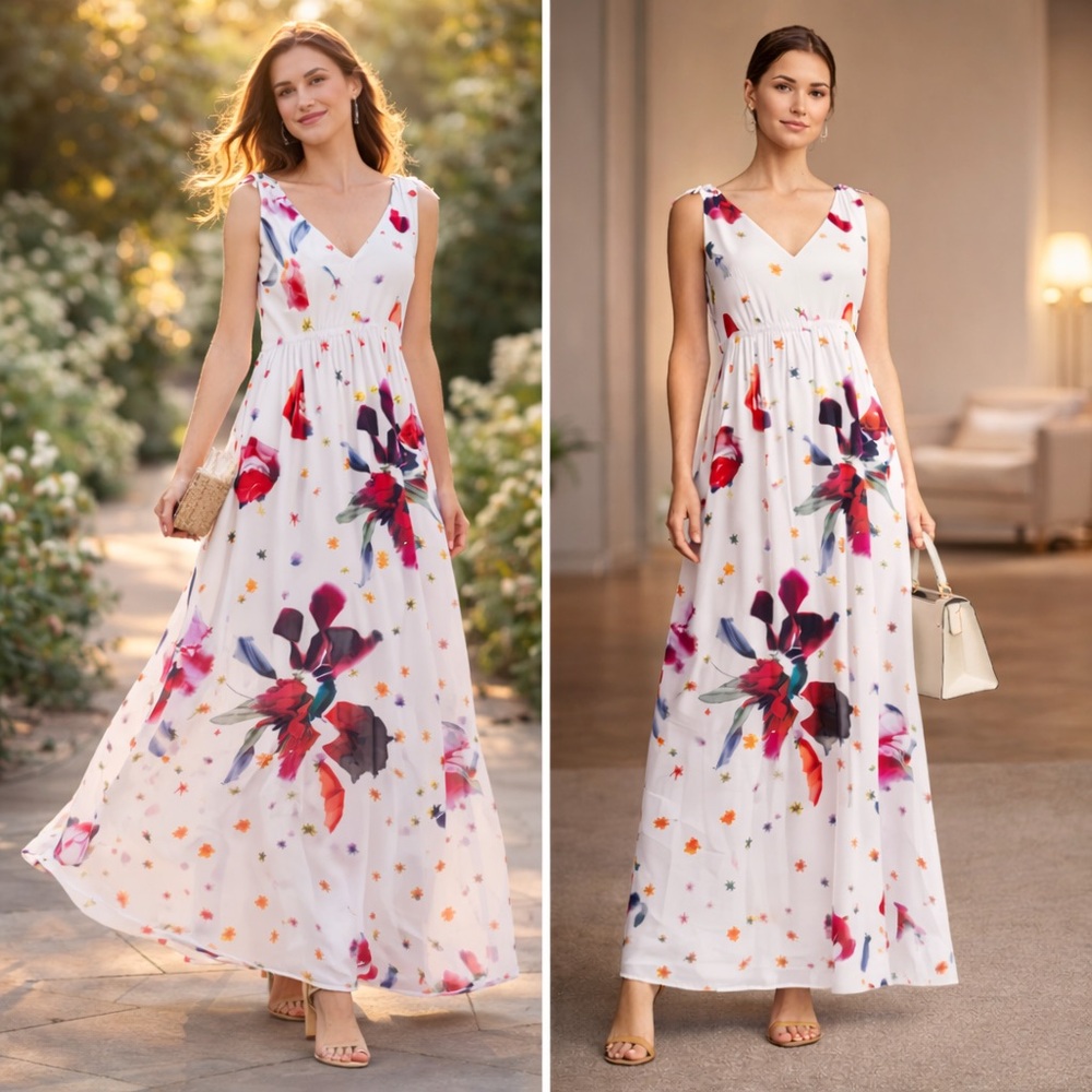 T Tahari Floral Maxi Dress Empire Waist V-Neck Tie Shoulder Size 10